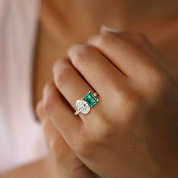 Cushion-Cut Emerald and Oval Lab Grown Diamond Duo Solitaire Ring