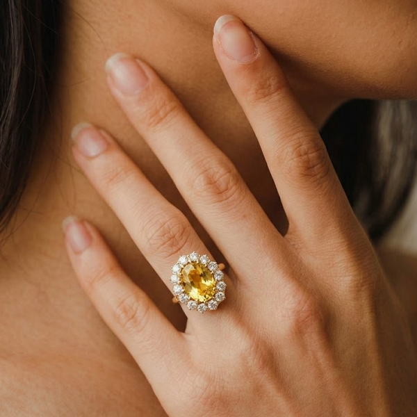 Oval Citrine Compass Ring with Beaded Diamond Halo